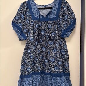 Old Navy blue mixed floral print tiered swing tassels puff sleeves cottage core